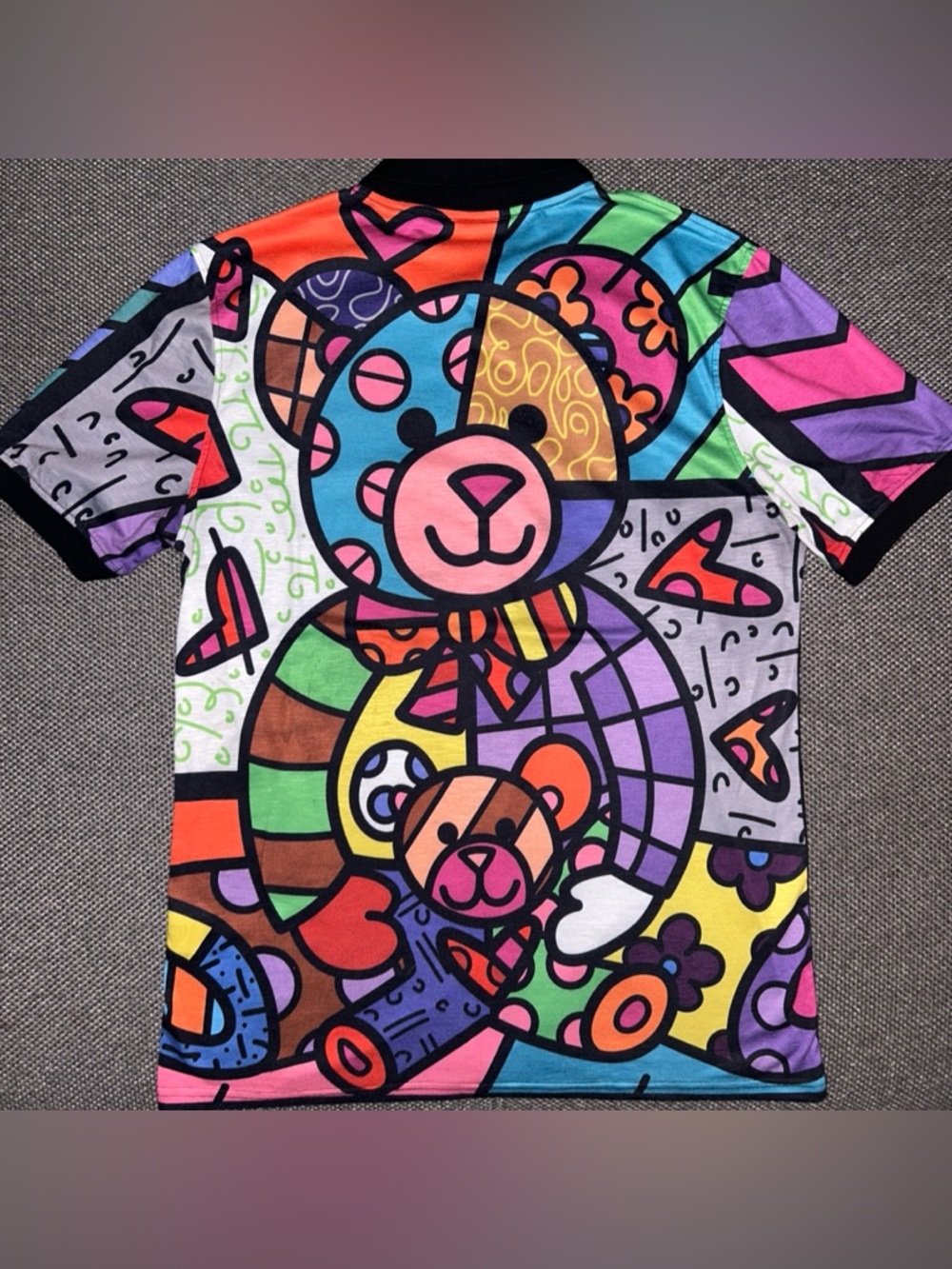 Rare Romero Britto Multicoloured teddy bear all over print Art polo shirt Medium - Picture 2 of 5